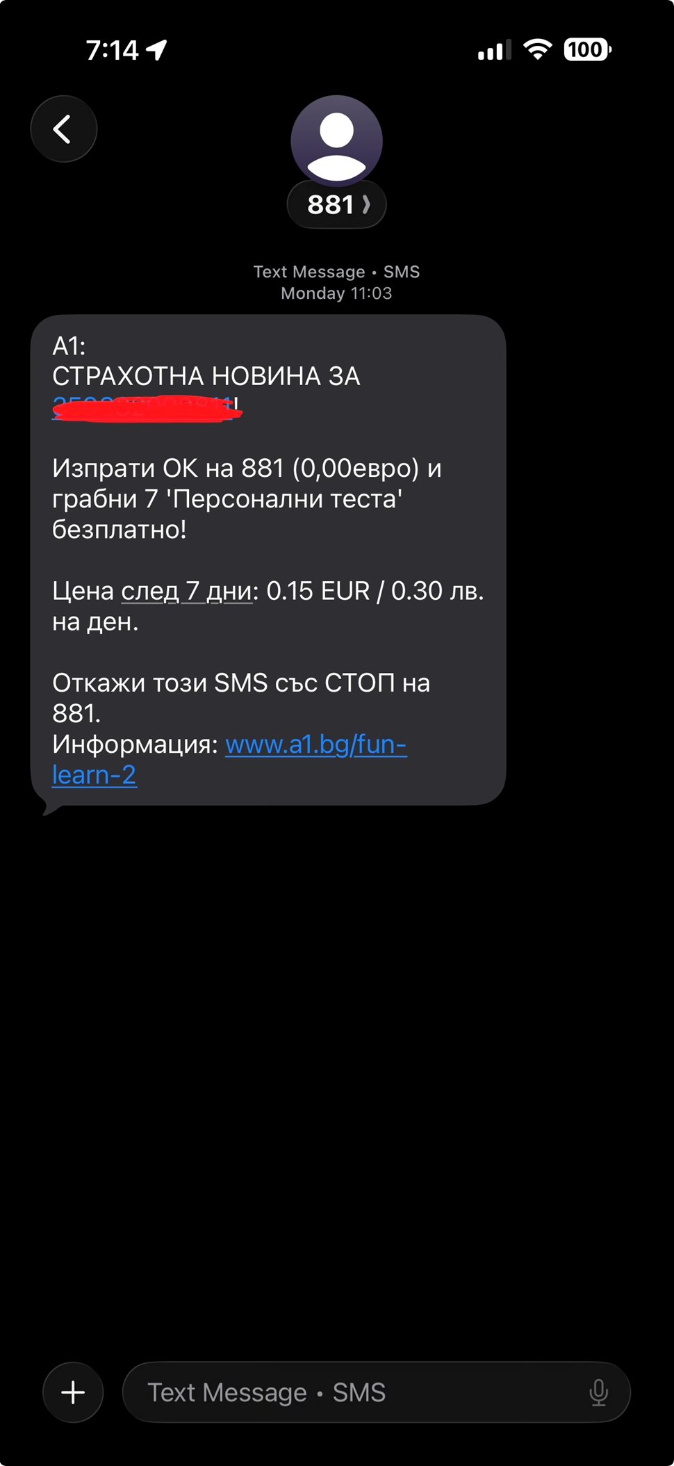 Smishing SMS örneği