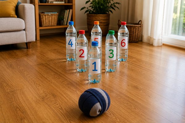 Ev yapımı bowling oyunu plastik şişelerle kolayca yapılabilir.